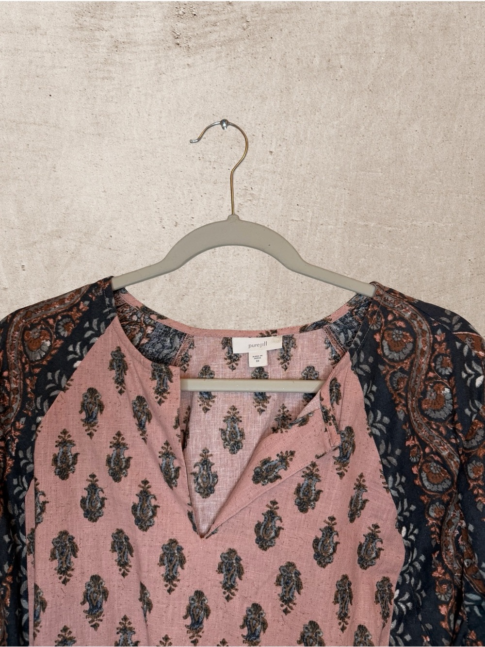 Pure Jill Block Print Lagenlook Boho Tunic Pink Navy Cotton Linen 2X - Picture 4 of 7